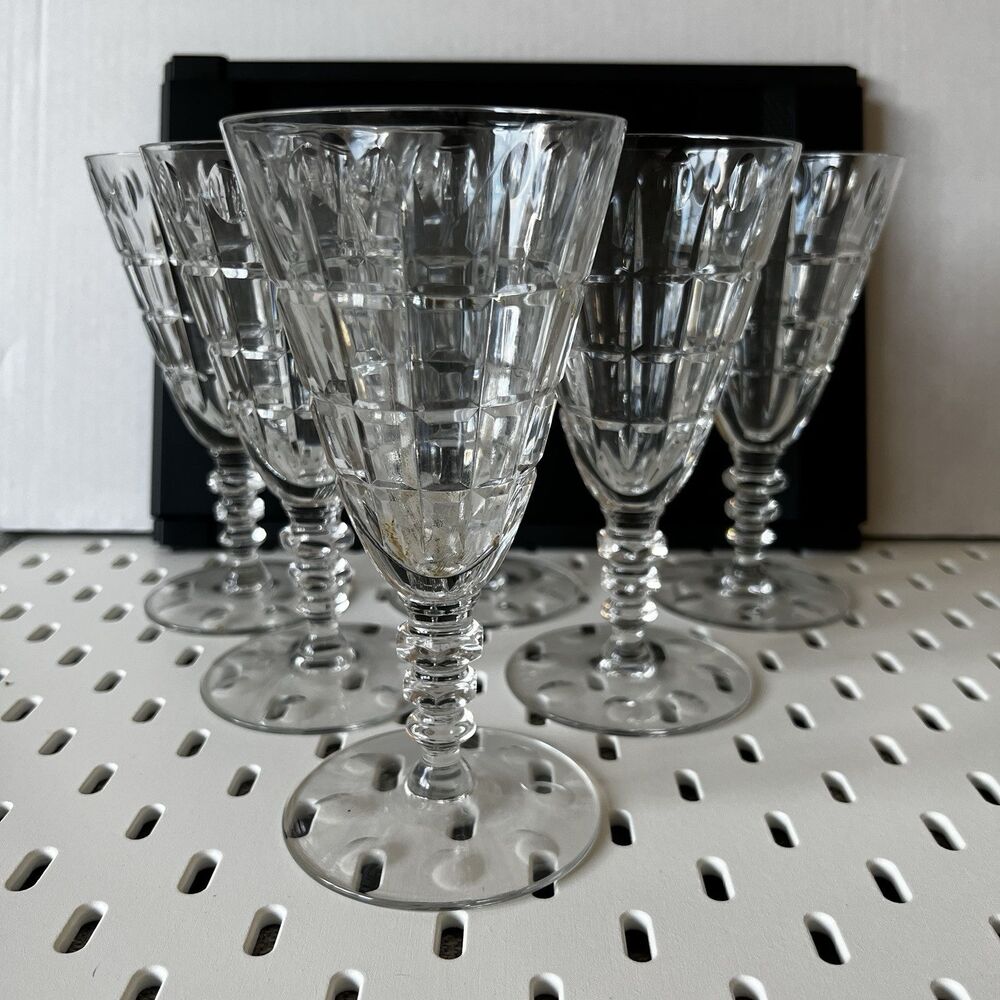 6 VINTAGE FOOTED TUMBLERS TIFFIN-FRANCISCAN ETCHED CRYSTAL 7” Glass Cocktail Mcm